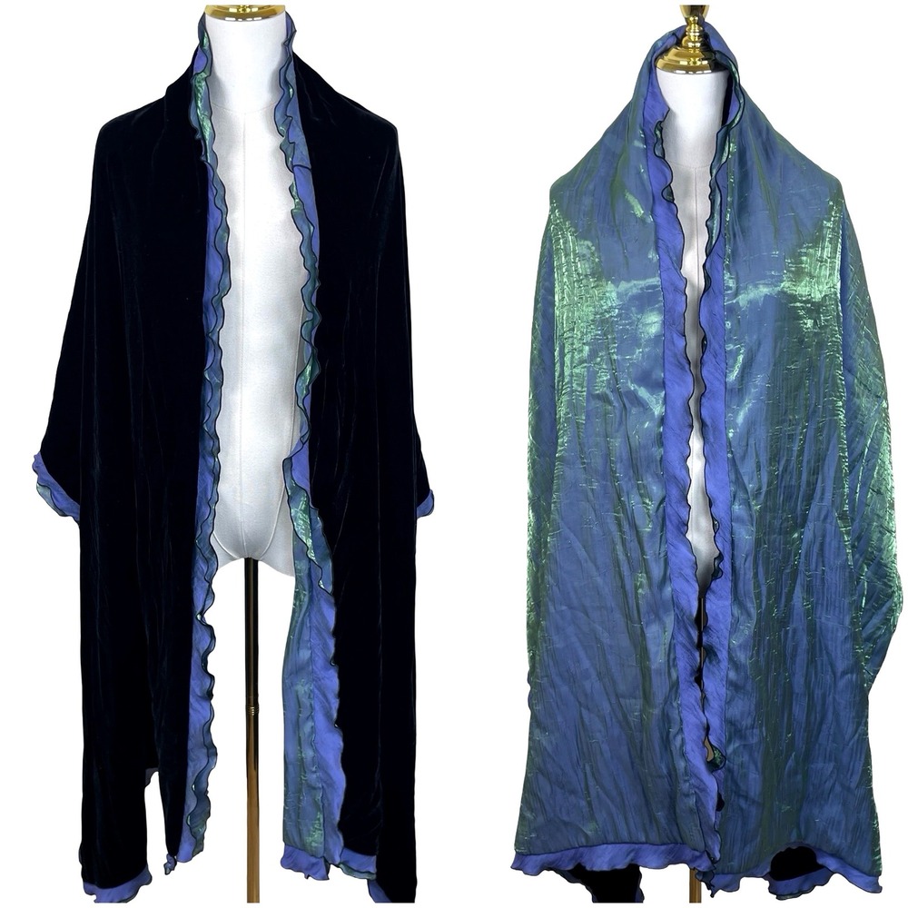 Vintage Velvet Iridescent Ruffle Wrap Shawl Women Black Blue Green Metallic Trim